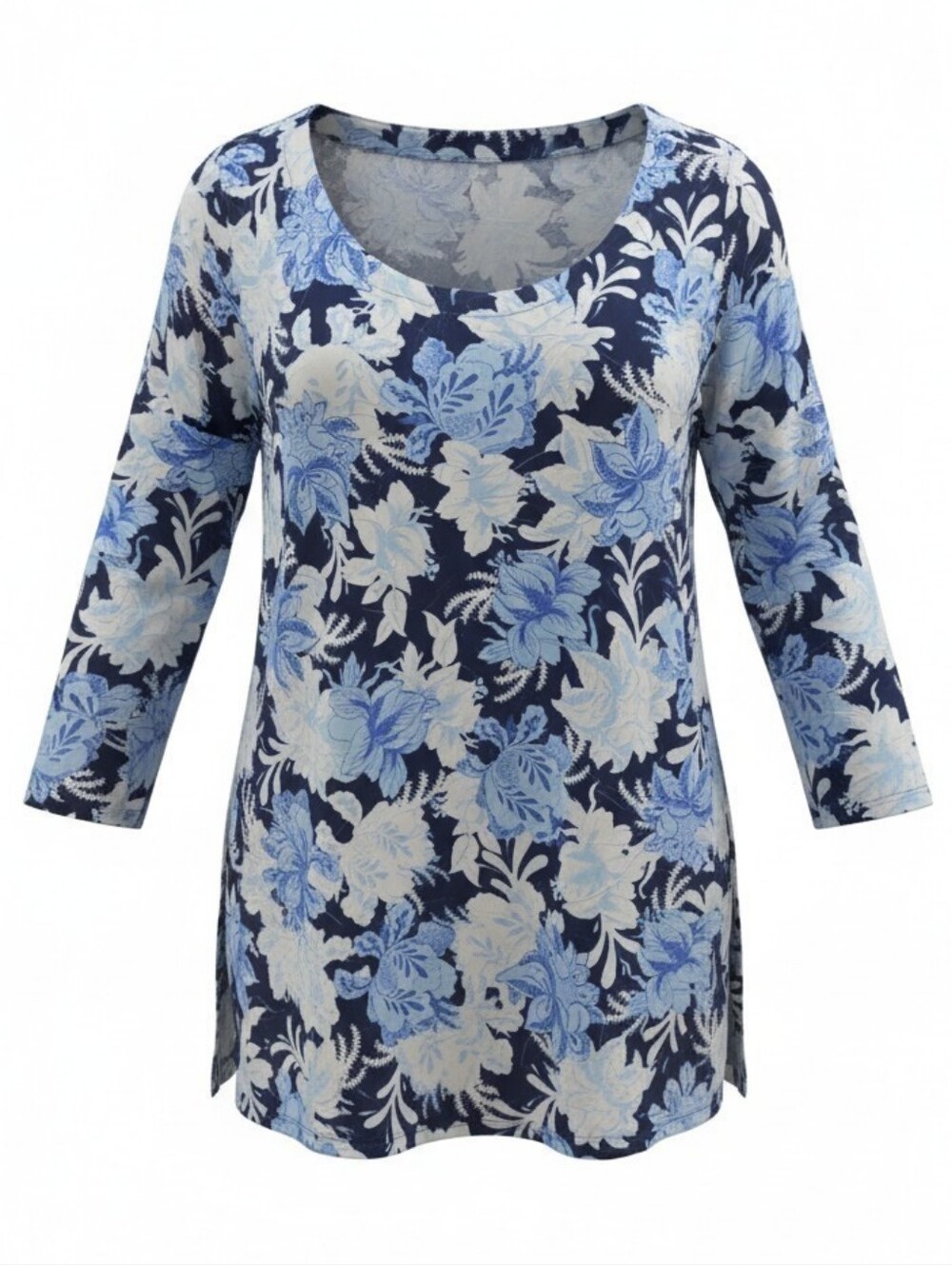 JM Collection Navy Textured Tunic - Light Blue and White Floral Print